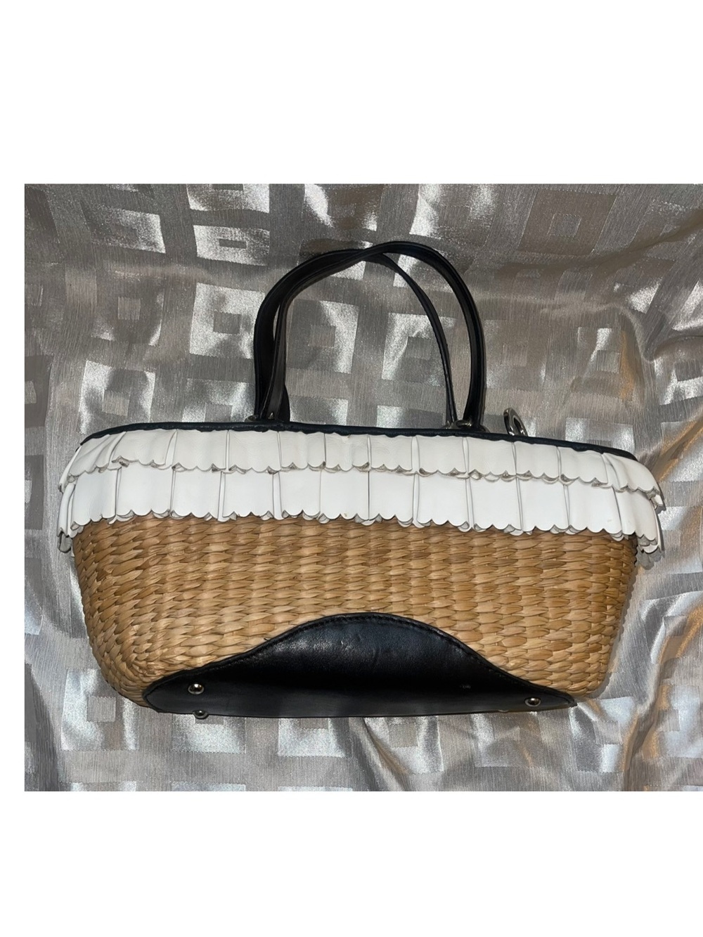 Cole Haan Mackenzie SP06 Straw Tote with White Leather Ruffle Trim
